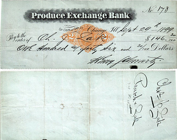 США чек на 146,30 долларов 1899 Produce Exchange Bank, Чикаго бумага 434-22-2-1