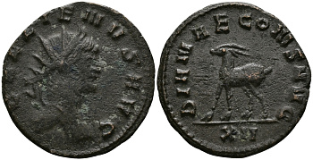 Римская Империя антониниан 265 - 267 Галлиен DIANAE CONS AVG АНТИЛОПА, Рим Very fine RIC 181 бронза 1073-10-34