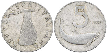 Италия 5 лир 1953 R, дельфин, плуг KM 92 алюминий 28-243
