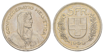 Швейцария 5 франков 1999 KM 40a медно-никель 4168-635