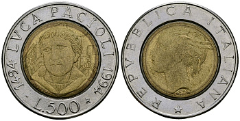 Италия 500 лир 1994 500 лет со дня рождения Луки Пачоли KM 167 биметалл 4165-1045