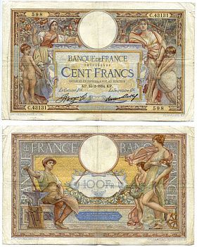 Франция 100 франков 1934 15 февраля 1934, signatures: Boyer & Strohl Pick 78с бумага 7215-19-1-2