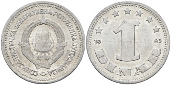 ЮГОСЛАВИЯ 1 ДИНАР 1963 СОЦИАЛИСТИЧЕСКАЯ ФЕДЕРАТИВНАЯ РЕСПУБЛИКА KM 36 алюминий aUNC 106-156