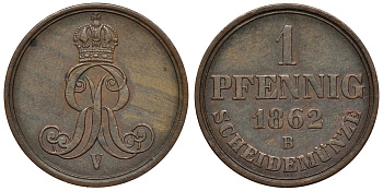 Ганновер 1 пфенниг 1862 B, Георг V KM 233, AKS 156, J. 90 медь 4594-548