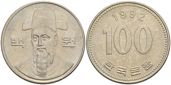 Южная Корея 100 вон 1992 Ли-Сунсин, корейский флотоводец KM 35.2 медно-никель 4548-557