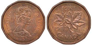 Канада 1 цент 1987 Елизавета II (1952-2022), кленовый лист KM 132 бронза 4596-417