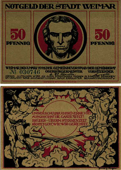 ВЕЙМАР, ГЕРМАНИЯ 50 ПФЕННИГОВ 1921 НОТГЕЛЬД, ЗЕМЛЯ ТЮРИНГИЯ, 1 МАРТА 1921, КРАСНАЯ ARNOLD KELLER 1398.4 бумага UNC (ПРЕСС) 7551-38-3-2