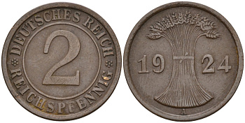 Германия 2 рейхспфеннига 1924 A KM 38, J. 314 бронза 4147-1238