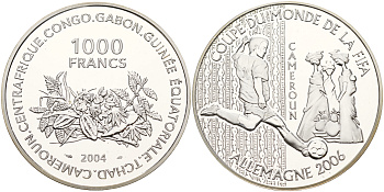 Центральная Африка (BEAC) 1000 франков 2004 чемпионат мира по футболу в Германии FIFA Камерун, 2006 KM 23 серебро PROOF 11-244-45