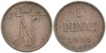 Россия для Финляндии 1 пенни 1909 Николай II (1894-1917) KM 13, Биткин 470 медь 4396-1318