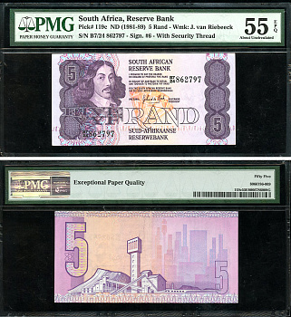 ЮАР 5 рандов ND (1981-89) Бартоломеус Вермуйден, шахты, английский-африкаанс, в слабе PMG 55 About Uncirculated Pick 119 c бумага  aUNC  452-1-59