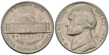 США 5 центов 1980 P, Джеферсон KM А192 медно-никель 4622-715