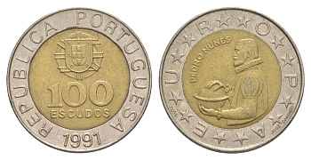 Португалия 100 эскудо 1991 Педру Нуниш (1502-1578), математик KM 645 биметалл 4388-1127