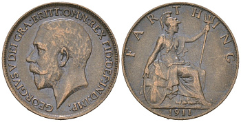 Великобритания 1 фартинг 1911 Георг V (1910-1936) KM 808.1, Spink 4059 бронза 4617-849