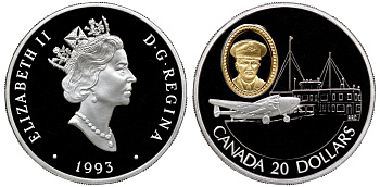 Канада 20 долларов 1993 самолет Локхид 14 Супер Электра и летчик Зебулон Льюис Ли (Льюи) KM 237 серебро, позолота PROOF 7-5-4-13