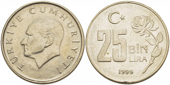 Турция 25000 лир 1999 Мустафа Кемаль Ататюрк KM 1041 медь никель цинк 4402-1057
