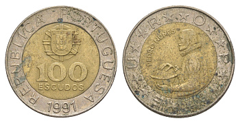 Португалия 100 эскудо 1991 Педру Нуниш (1502-1578), математик KM 645 биметалл 4390-414