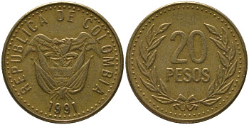 Колумбия 20 песо 1991 KM 282 алюминиевая бронза 4528-1117