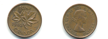 Канада 1 цент 1962 Елизавета II (1952-2022), кленовый лист  KM 49 бронза 177-1324