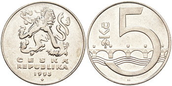 Чехия 5 крон 1993 чешский лев, Карлов мост KM 8 сталь плакированная никелем 65-843