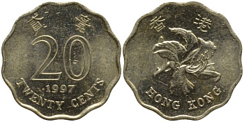 Гонконг 20 центов 1997 цветок KM 67 никель латунь 218-433