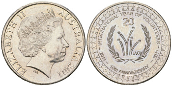 Австралия 20 центов 2011 10 лет Международному году волонтеров KM 1634 медно-никель UNC 4619-246