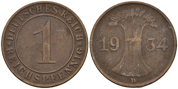 Германия 1 рейхспфенниг 1934 D KM 37, J. 313 бронза 4549-542