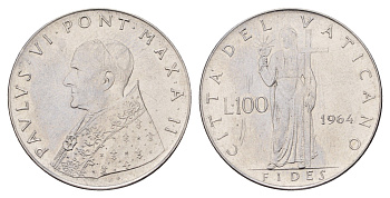 Ватикан 100 лир 1964 Павел VI (1963-1978) KM 82 нержавеющая сталь UNC 4671-1014