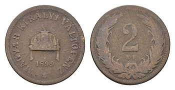 Венгрия 2 филлера 1899 KB, Франц Иосиф I (1848-1916) KM 481 бронза 4665-414