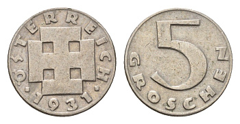 Австрия 5 грошей 1931 KM 2846 медно-никель 4630-128