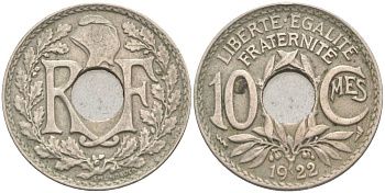 ФРАНЦИЯ 10 САНТИМОВ 1922 ТИП LINDAUER, ПУАССИ (МОЛНИЯ) KM 866а, LE FRANC 138.7 медно-никель 55-142