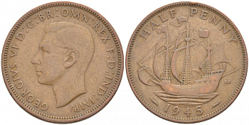 Великобритания 1/2 пенни 1944 Георг VI (1936-1952) KM 844, Spink 4115 бронза 213-913