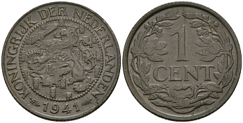 Нидерланды 1 цент 1941 Вильгельмина (1890-1948) KM 152 бронза 4576-1146