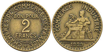 Франция 2 франка 1923 Третья республика (1871-1940) KM 877, Le Franc 267.7 алюминиевая бронза 4144-315
