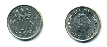 НИДЕРЛАНДЫ 25 ЦЕНТОВ 1962 ЮЛИАНА KM 183 никель 76-369