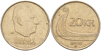 Норвегия 20 крон 1995 Харальд V (1992-) KM 453 никель латунь    177-412