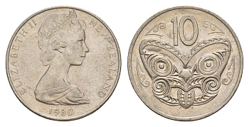Новая Зеландия 10 центов 1980 KM 41.1 медно-никель 4179-1026