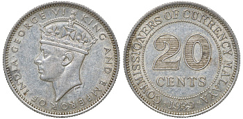 Британская Малайя 20 центов 1939 Георг VI (1937-1952) KM 5 серебро 53-337