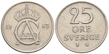 Швеция 25 эре 1963 U, Густав VI Адольф (1950-1973) KM 836 медно-никель 4609-1013