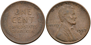 США 1 цент 1957 D, Линкольн KM А132 медь цинк 4564-268