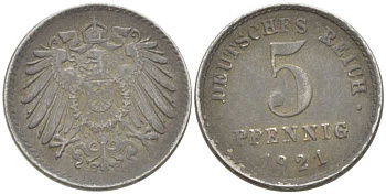 ГЕРМАНИЯ 5 ПФЕННИГОВ 1921 D KM 19, J. 297, Weege 5 железо 206-736