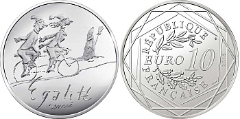 Франция 10 евро 2014 карикатуры Жан-Жака Сампе, зима-равенство, люди на велосипеде, снеговик, в оригинальном буклете KM NEW серебро UNC 1-4-3-06