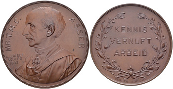 НИДЕРЛАНДЫ МЕДАЛЬ 1893 ЗНАНИЕ, ИЗОБРЕТАТЕЛЬНОСТЬ, ТРУД, ГОРОД УТРЕХТ, ПОРТРЕТ Mr. T.M.C. Asser, L. JUNGER SCULPS, ДИАМЕТР 66 ММ. KB. 202; v. Sch. 25; Polak 47 бронза 00-00