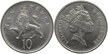Великобритания 10 пенсов 1992 Елизавета II (1952-2022) KM 938b, Spink 4367 (F4) медно-никель 181-623