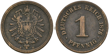 Германия 1 пфенниг 1876 B, Вильгельм I (1871-1888) KM 1, J. 1 медь 4602-1038
