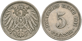 Германия 5 пфеннигов 1911 A KM 11, J. 12, Weege 6 медно-никель 08-1312