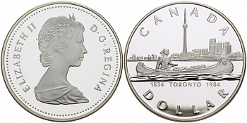 Канада 1 доллар 1984 150 лет Торонто, каноэ KM 140 серебро PROOF 1087-6-23