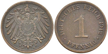 ГЕРМАНИЯ 1 ПФЕННИГ 1912 A KM 10, J. 10 медь 112-1119