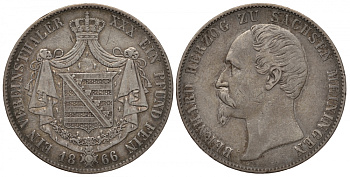 САКСЕН-МАЙНИНГЕН 1 ТАЛЕР 1866 БЕРНХАРД II (1821-1866) KM 167, Jaeger 450, Thun 379, AKS 184, Kahnt 505, Davenport 838 серебро 413-4544