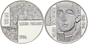 Финляндия 100 марок 1996 50 лет со дня смерти Хелена Шерфбек, художница, тираж 3000 экземпляров KM 83 серебро  PROOF  1095-2-13